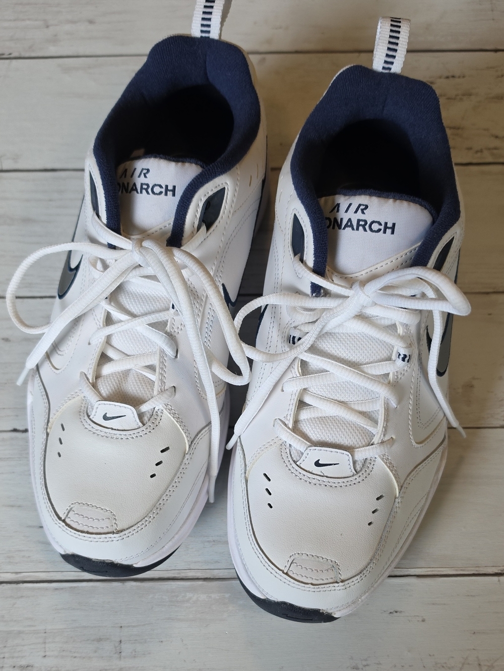 Nike White and Navy Air Monarch Athletic Sneakers